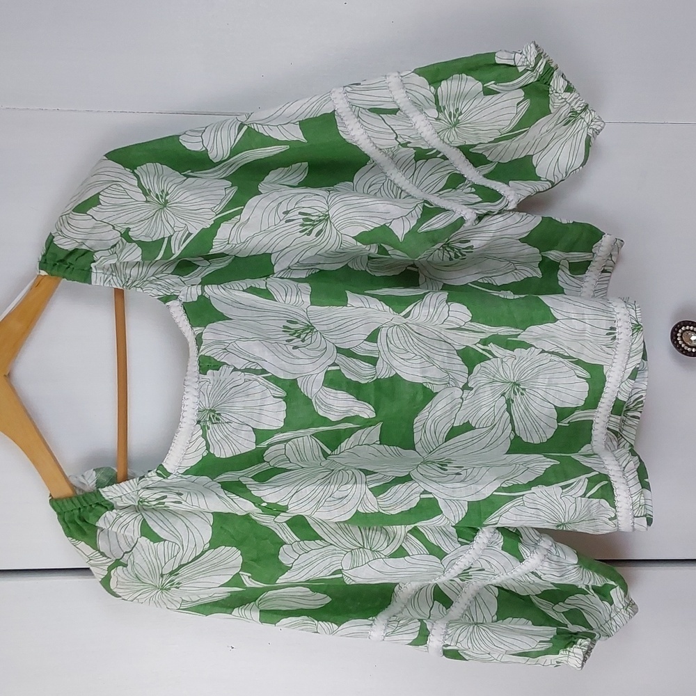 Tahari |Green White Floral Linen Boxy Cropped Top Resort Wear Mod Sz.XL - Picture 4 of 5